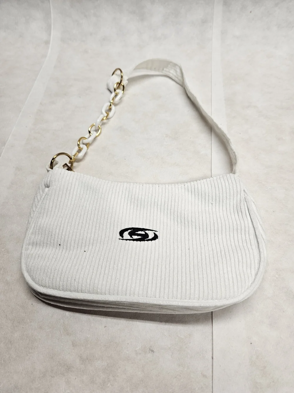 Corduroy Shoulder Bag with Gold Chain Accent in White